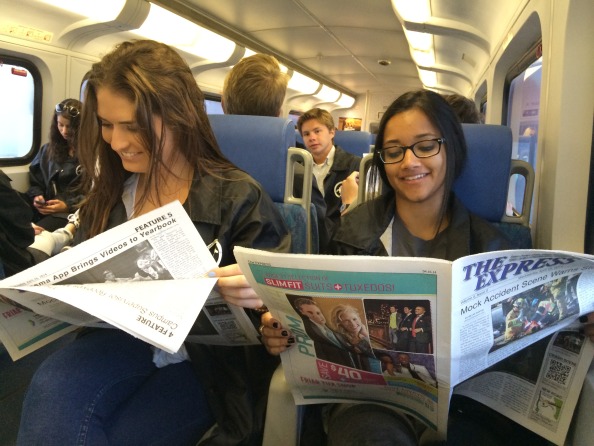 News editor Macy Drew and Publicity Editor Chetana Piravi enjoy a relaxing commute on the Coaster to the JEA/NSPA National Convention on Friday, April 11. The Newspaper was ranked #10 for a paper its size.