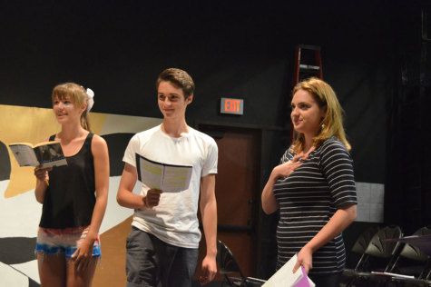 PRACTICE MAKES PERFECT: (From left to right) Amanda Rooker (10), Benjamin Rutkowski (12) and Madeline Blomdahl (12) are rehearsing for their play “The Crucible” in the Black Box Theater.