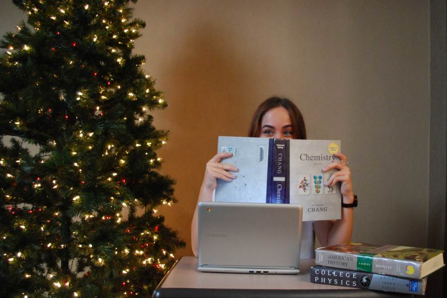GETTING PUNCHED BY AP CLASSES: Maria Gasch (12), studies by the Christmas tree, looks at her AP Chemistry book, and wonders where her vacation has gone. Most people associate the break with chances to hang out with loved ones and no school. The reality is that her break is filled with schoolwork causing her to have a small amount of time to spend with family and friends. Photo by Maggie Barnes