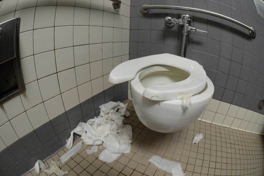 BREAKING SPIRITS BY BREAKING TOILETS: 37% of students polled said the H building boys bathroom was the dirtiest bathroom on campus, followed by buildings C and E. 63% of students were most to blame for the bathroom related problems. Photo by Andrew Fehlman