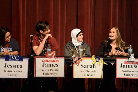 James Brown from Azusa Pacific University, Sarah Kantari from UC Irvine , and Jameson Johnson from Northeastern University inform the juniors and seniors of San Juan Hills about their experiences in college. Six alumni returned to the theater on Friday, January 9 to enlighten future college students with information they could not receive from a University website. Photo by Chetana Piravi
