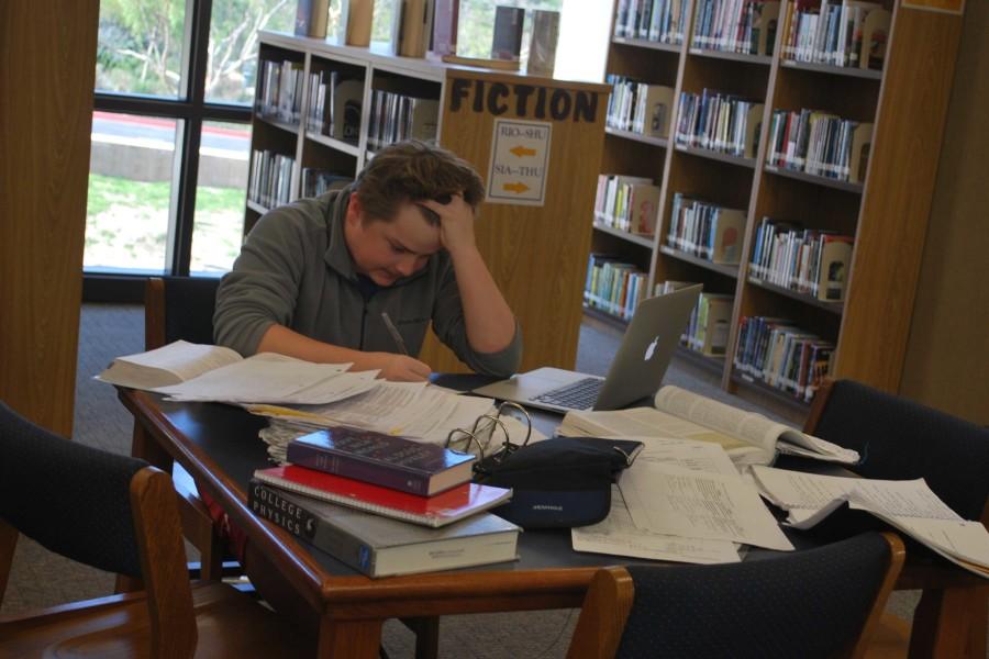 STRESSED AND DEPRESSED: Ian Happy (10) when he’s not so happy with school. With all of his classes piling on him, Happy has nearly had it with the day. Happy is a perfect example of students who face the stress and pressure that school and society can provoke.

