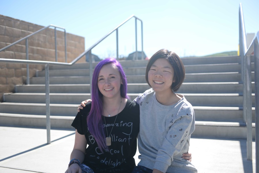 HELPING TO COPE: (From left to right) Jessica Lee (9) and Suju Park (9), have become close friends through the creation of their public journal, Anonymous Teens. The project allows other students at San Juan Hills to publish personal stories about feeling abused and bullied. Readers are able to express their feelings and learn that they are not alone during tough times. Photo by Patrick Conely
