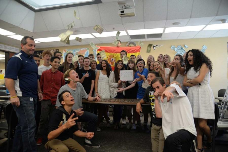 Suspicion of Serrano: Students in Serranos third  period class celebrate their 1st place win in the Penny Wars. Mr. Serrano has been suspected of cheating since with the clubs organization. Photo by Andrew Fehlman