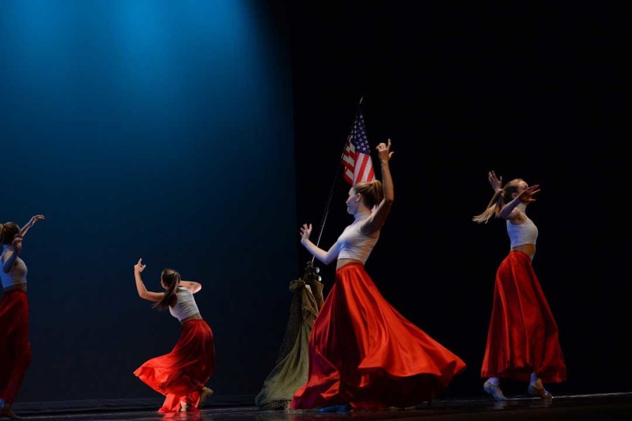 This dance is inspired by the heroes depicted in the statue, Iwo Jima by Felix de Weldon. Each of the performances in the show (titled Masterpiece) was inspired by art pieces from all different cultures and time periods. Photo by Maggie Barnes and Ellie Holt