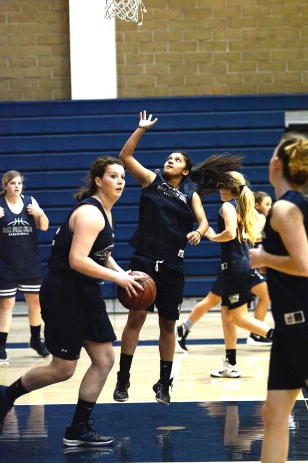 Hadley Dayton (11) snatches the ball from a richocheted shot by Sade Najafinia (12) during a practice scrimmage.