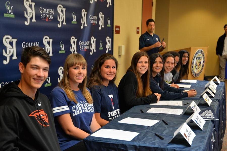 (From left to right)  Jack McCarthy (12) signed with Oregon State University to major in Economics for Baseball. Emily Lichty signed with California State University San Marcos to major in Mathematics for Women’s Golf. Cambria Greer (12) signed with University of Toronto, Toronto, Canada to major in Pre Medicine for Women’s Water Polo. Shayna Larson (12) signed with Cal Poly Pomona to major in Civil Engineering for Girls Soccer. Marissa Cordero (12) signed with Cal State Fullerton to major in Business and play Girls Soccer. Grace Dalo (12) signed with Concordia University in Irvine to major in Business and play Girls Soccer. Isabella Angotti-Jones signed with Concordia University, Irvine to major in Education and play Girls Soccer. Kelly Settineri (12) signed with Newberry College (South Carolina) NCAA Division 2 to major in Education and play softball. 
