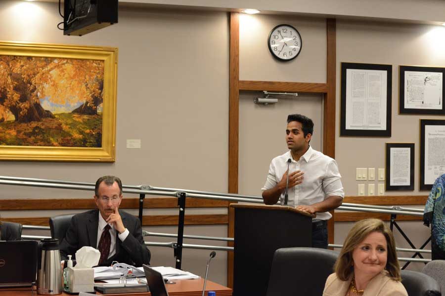 Ketan Singh (12), class president, lobbies at a city council meeting to change the street name Vista Montana to Stallion Ridge.  On Tuesday, May 17th the board voted to officially changed to the street name to Stallion Ridge.  Photo by Olivia Farber