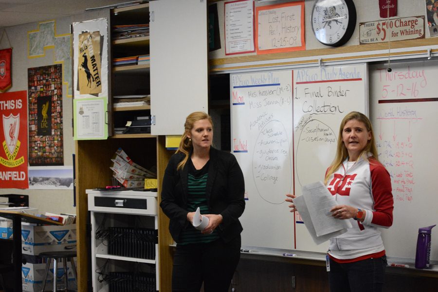 Jenna Jordheim and Kasey Kessler visit an AP European History Class  to inform sophomores in an informational presentation about suicide prevention.
