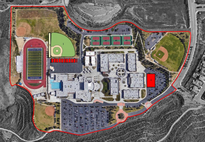 Arial view of the school showing where the practice field would move.