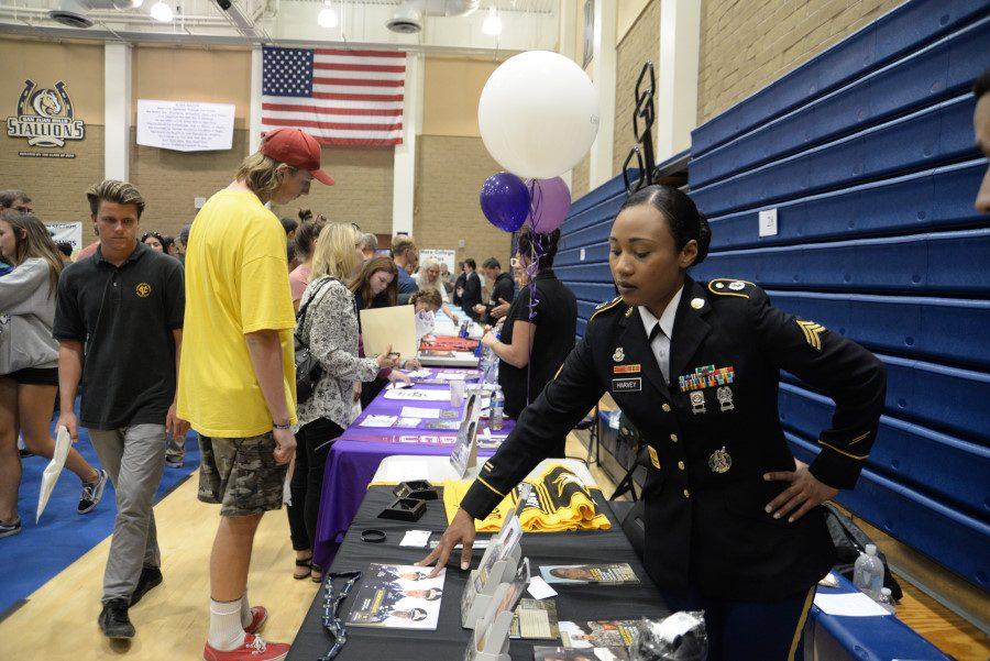  Hundreds of parents and students from CUSD high schools gathered in the SJH gym to view different colleges.  Over 50 colleges were represented from all over the US, and even schools from England and Switzerland were present.  Sergeant Leona Harvey and Sergeant Francisco J. Flores Marrero were there representing the U.S Army, providing enrollment information and passing out pamphlets to aspiring students.  More colleges are due to visit SJH in the following months during tutorial and lunch, but it is only open to juniors and seniors.  