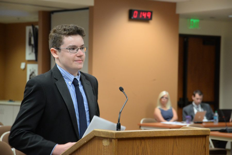 Junior Daniel Goodin proposes a solar panel idea to the Capistrano Unified School District Board of Trustees. EAT Club had previously gotten an online petition signed, headed by President Russell Tran,  to install solar panels at schools across the district.