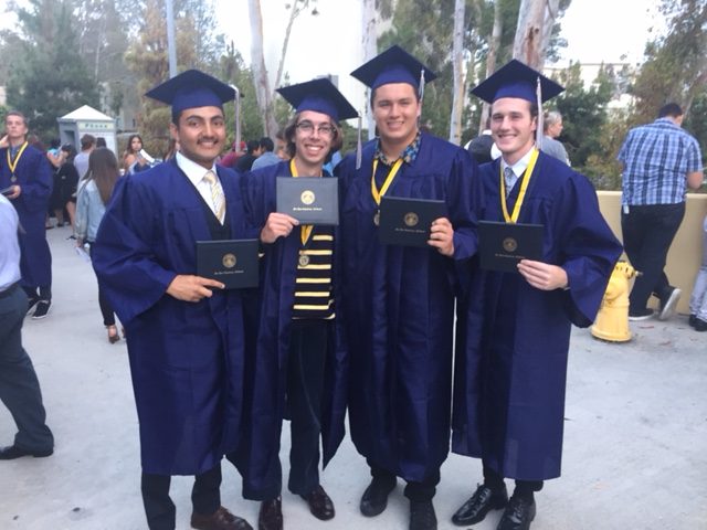 Nav (far left) poses at graduation with some of his friends, (from left to right next) Crue Underwood, Jared Avilas, and Chase Voytovich.
