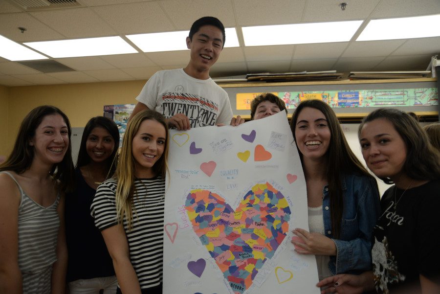 APES students from Period 4, Brooke Goldfader (12), Chelsea Mendoza (11), Jenna Bowman (12), Thomas Ngoy (12), David Douvellier (11), Becca Bogdonovic (12), and Camille Sanseverino (12), intiated the poster making with the rest of their classmates.  They ripped up pieces of different colored paper, writing in their names as they squeezed in the final ones.