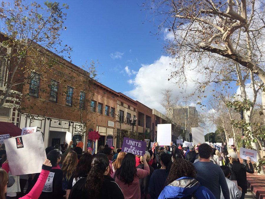 Women marching in Santa Ana, just one of the cities around the world, protest for Women’s Rights. Trump’s recent election and inauguration sparked this feminine outrage. 