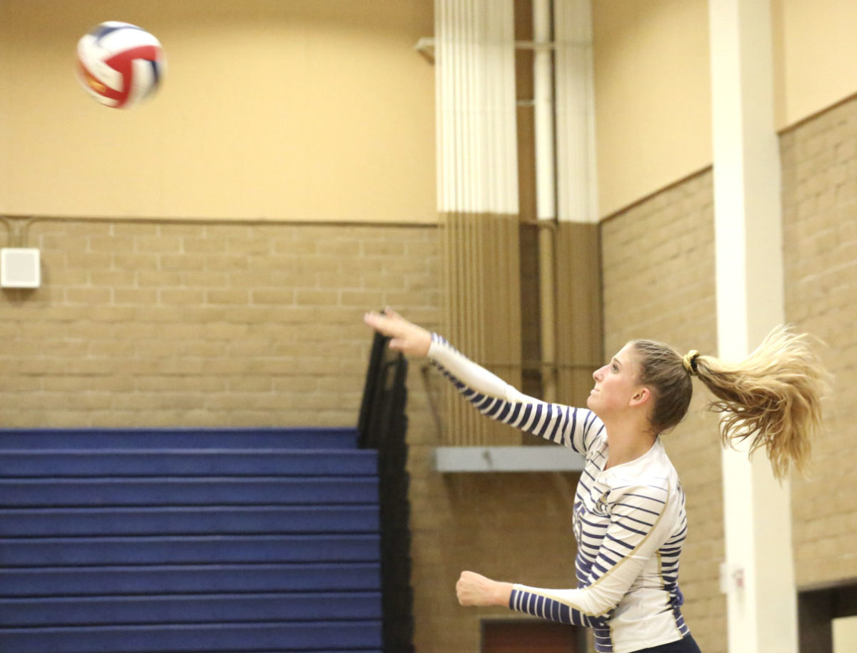 The Stallions played Saddleback Valley Christian School in a non-league game on Friday the 22nd. Katie Lukes is pictured above serving the ball during the varsity game.
