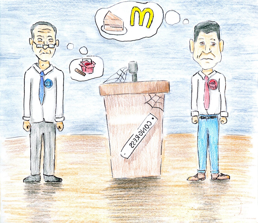 Congressmen Buck Bumer and Baul Byan were at a great disagreement over what to have for dinner. Although the problem has been resolved after over three decades, negotiations over next week's meals begin tomorrow.