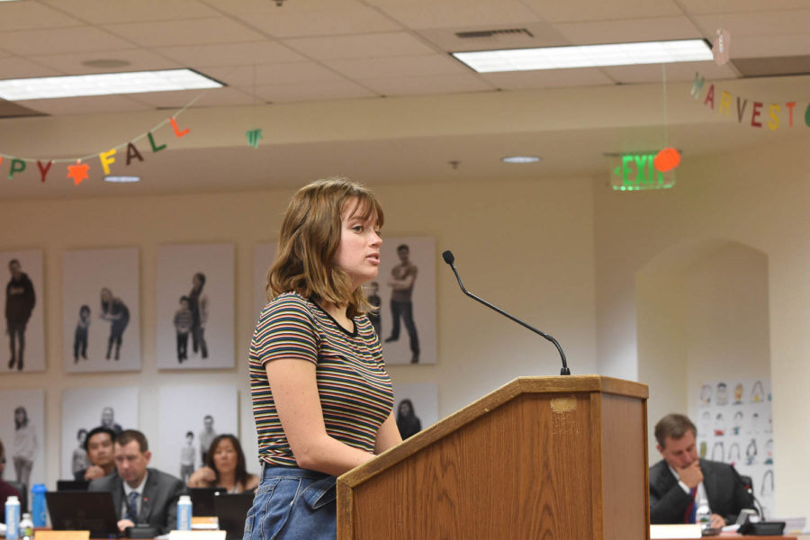 Lucy Law (12) speaks at the CUSD board meeting on Wednesday, November 14 to discuss ways they can improve sexual education in schools throughout Capistrano Unified School District. 