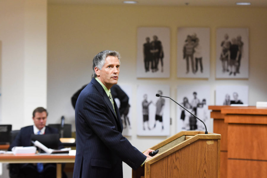 The legal counsel of the Capistrano Unified School District, Stan Barankiewicz, gives a presentation on the four alternatives available for the construction of the extension of the SR-241. Barankiewicz points out inconsistencies, inaccuracies, and blatant information that has been withheld from the public such as the actual measurements and scaling labels in released graphics.