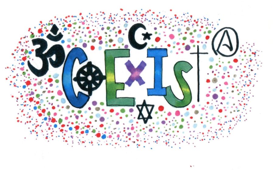 Coexist is a popular word to connect religions in unity and communicate that different beliefs can live side by side in peace.