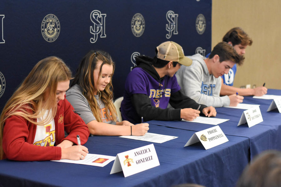 Five Seniors signed their National Letters of Intent on February 6 during tutorial. Cade Albright will be playing Football at Brigham Young University, and his teammate Carson Lewis will also be playing Football at the University of San Diego. Angelica Gonzalez will be playing Softball at Iowa State University, and her teammate, Phoebe Popplewell will be playing Softball at Ottawa University. Joshua Rauterkus signs his Letter of Intent to play Baseball at Whittier College.