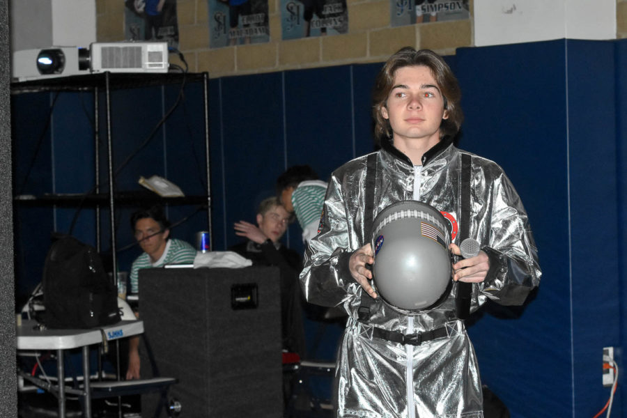 Senior, Nate Giraud, prepares to host the 2019 Clash of the Classes Pep Rally with Mitchell Hunt (not pictured) in NASA-like astronaut suits.