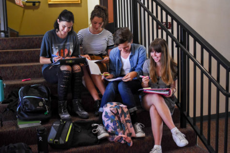 Drama students, Olivia Roselli(11), Madeline Halliburton(12), Grant Halliburton(11) and Lily Shaw(11), practice their lines before callbacks for She Kills Monsters.