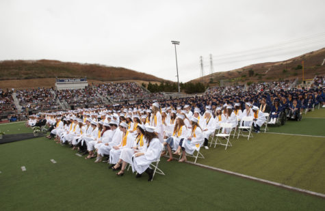 The class of 2019 graduates from SJHHS on June 6. Students who received a 4.0 or above are seated at the front in white robes, while the rest are behind them in blue. Seniors this year hopefully will get an in-person graduation with some changes to make it safe for everyone.