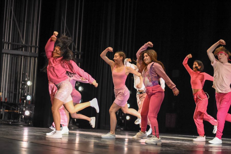 Beginning intermediate dancers perform on the stage during Stallion Showcase. The dancers choreographed their dance for the student choreographer show titled, Game On! This dance was inspired by the video game, Hip Hop Dance Experience and included a compilation of music ranging from Cardi B to Iggy Azalea.