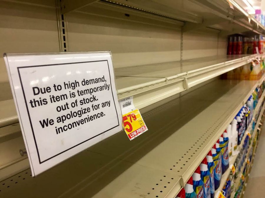 People+begin+to+stock+up+on+items+that+have+become+useful+such+as+hand+sanitizer%2C+masks%2C+and+toilet+paper.+Non-perishables+have+also+come+into+high+demand%2C+which+has+led+to+stores+running+out+of+stock+very+quickly.+