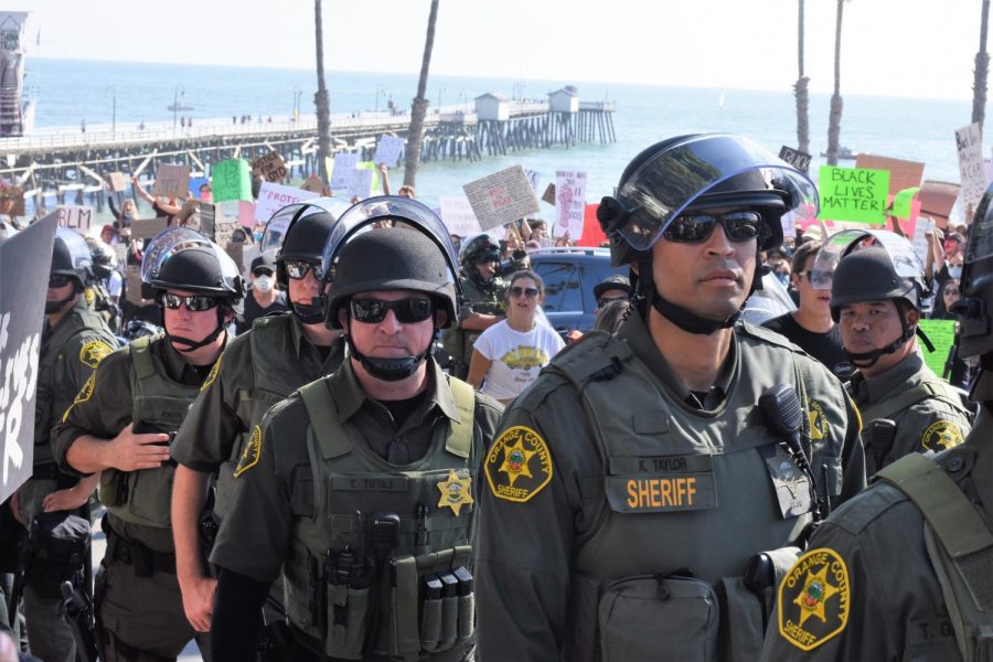 Police officers line up near the San Clement Pier to keep protestors from blocking traffic. On May 31, Black Lives Matter protestors came to San Clemente to voice their frustrations about the death of an African American man, George Floyd, at the hands of Minneapolis police officers.