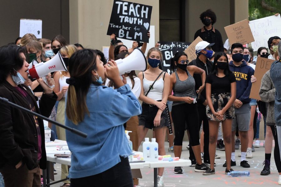 Student advocates for CUSDAgainstRacism call upon the Capistrano Unified School District school board to address the widespread discrimination and racism occurring in CUSD schools. The crowd watching the students are all current or former CUSD students, parents, and teachers.