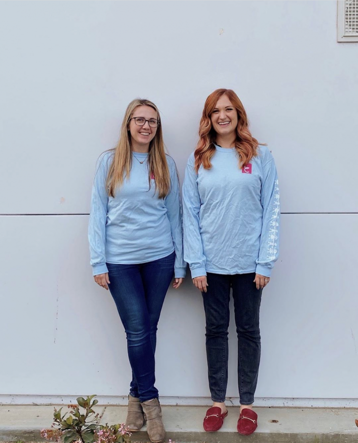 Link Crew Coordinators, Mrs. Cooper and Mrs. Klingbeil, representing Link Crew by wearing last years' matching shirts.