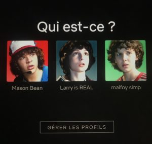 The Netflix language setting is switched to French, where the home screen is asking the user to pick a profile. Once chosen, the user will have a variety of movies, shows and categories to pick from, which are all not excluded from being in the French language as well. 