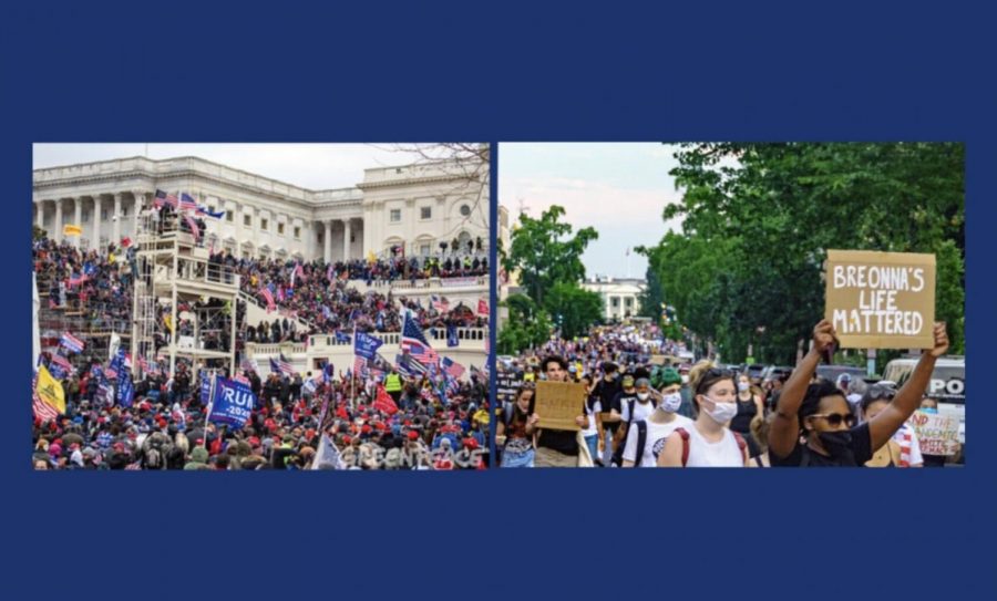 The capitol riots, left, looked a lot different compared to the Black Lives Matter protests, right, that took place over the summer. The discrepancies between the two events are a clear example of white privilege.