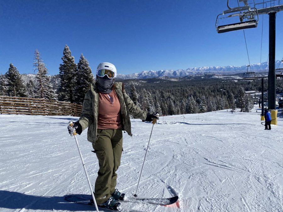 Colleen Aitken (10) is shown skiing on Mammoth Mountain with a facial covering to follow new COVID-19 guidelines for the 2020-2021 ski season. 