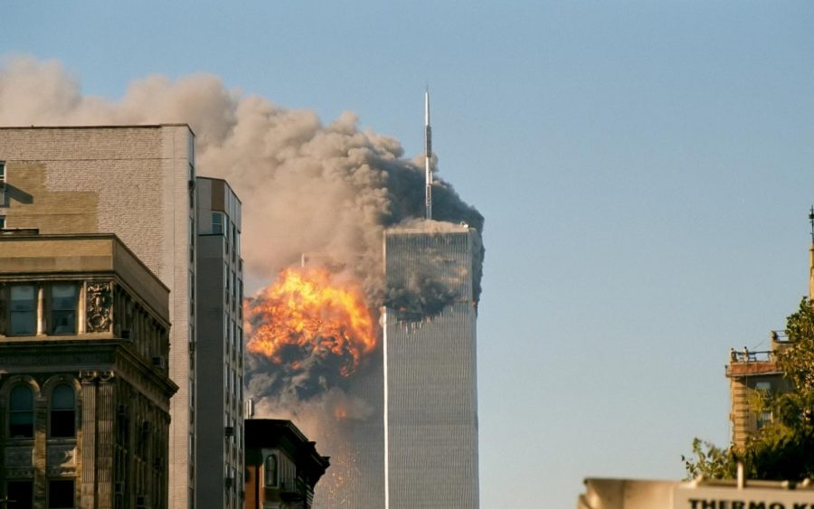 The World Trade Center’s south tower burns after being struck in the tragedy that took 2,977 lives. 