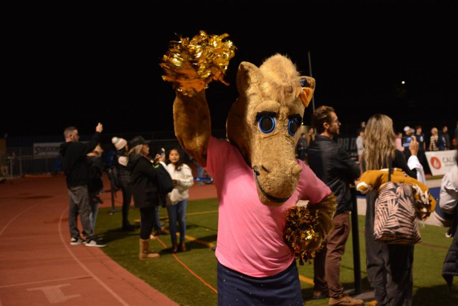 On the sidelines, mascot Stanley the Stallion cheers for SJHHS at the football game. Throughout the game, Stanley took photos with students, parents, and future stallions.