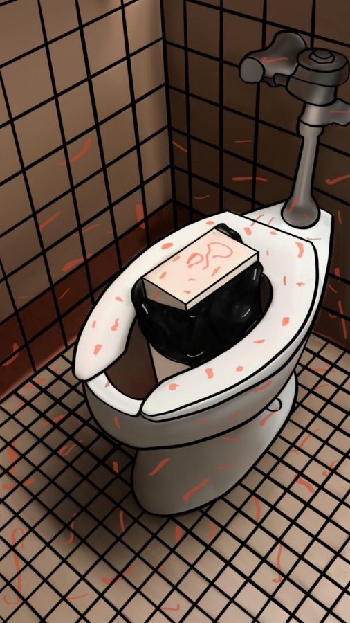 The Devious Licks challenge has swept across the nation, leading to significant disruption in schools. The challenge entails students stealing or vandalizing a certain area. Pictured, a garbage tin is dumped into the toilet, and red PowerAid is smeared across the scene.
