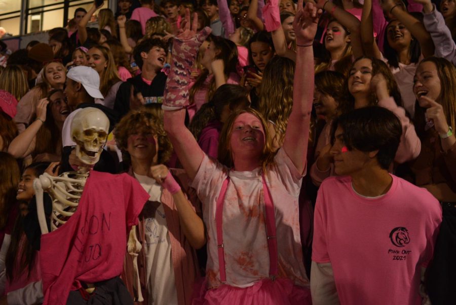Juniors Spencer McClellan and Jack Snyder go all out for the games theme: pink out. The students brought with them a satirical skeleton that wore a shirt that said Mission Viejo.