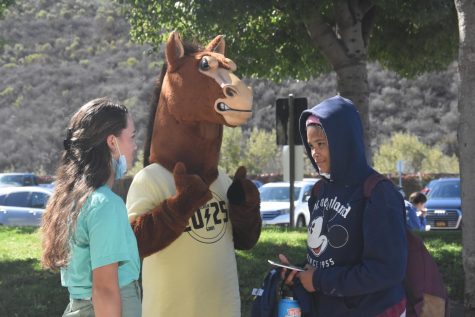 Stallion Startup leader Bailey Smolinski (12) chats with Stanley the Stallion and a freshman during the Stallion Startup Halloween Lunch Activity. At the event, freshmen were given treats and candies, and a scavenger hunt was planted around the school for the 9th graders to enjoy.