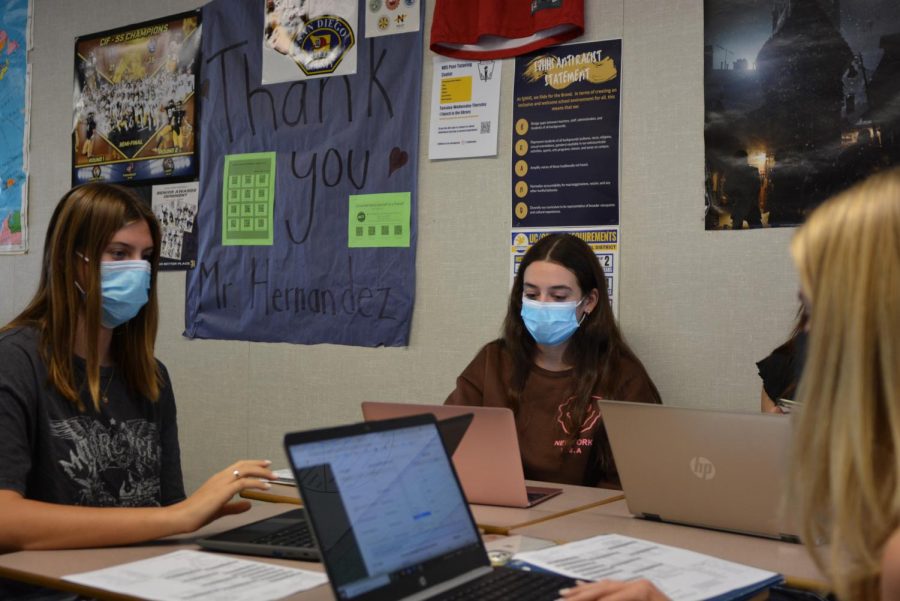 On College and Career App Support day (10/27-28) seniors spent their history classes working on college applications, with support from the guidance staff. Pictured, Adriana Patino (12) and Juliana Weisinger (12) work on their applications.