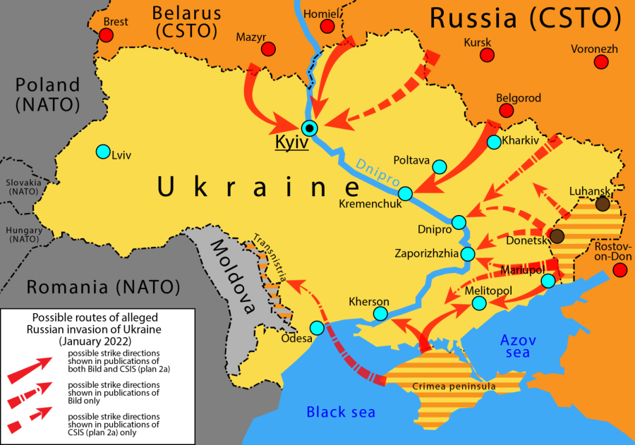 A+map+of+Ukraine+uses+red+arrows+and+bullet+points+to+show+where+Putin+is+targeting.+Most+attacks+come+from+the+East+end+of+the+country+as+it+borders+Russia.