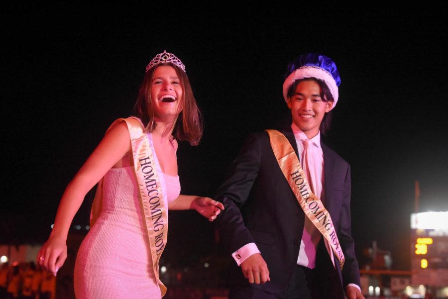 ASB President Lindsey Gattis (12) and Vice President Jacob Verde (12) were crowned as Homecoming Queen and King during the Halftime Show at the Homecoming football game.
