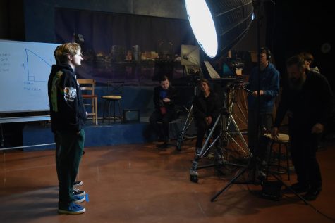 Co-anchor Gavin Blackwell (12) is filmed inside the F Building studio. The students produce the anchor scenes for The Mane Event. 