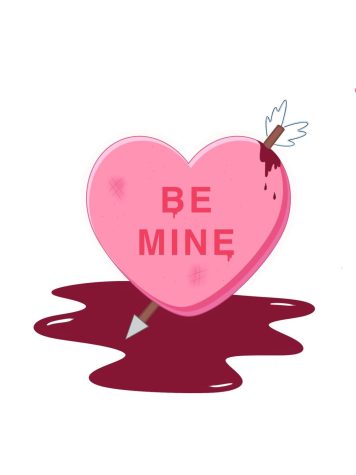 Cupid’s arrow and candy hearts are classic symbols of Valentine’s Day, “the day of love”. But in this case, a candy heart is pictured with several bruises and blood streaming from its base, thus picturing the dark side of love that is breakups. 