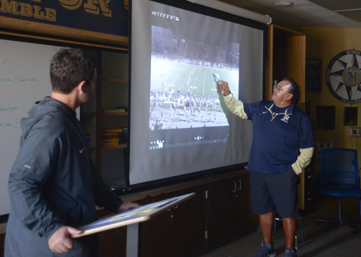 Head Coach Robert Frith and Linebacker Coach Mike Mayoral are helping our football team analyze Tesoro’s Players. The analysis will help the players understand the teams’ adversaries, their flaws, and how they play before they even go into the game.