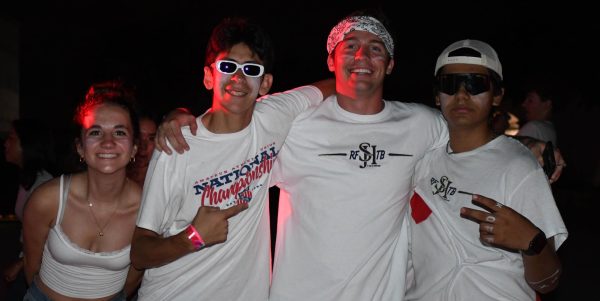 Decked out in all white, ASB members Whitney Shady (11), Aidan Alaniz (11), Carson De’Filippo (12), and Gael Galeana (11) get their glow on at the Back to School Glow Dance. After three long years, the Glow Dance makes a triumphant return.