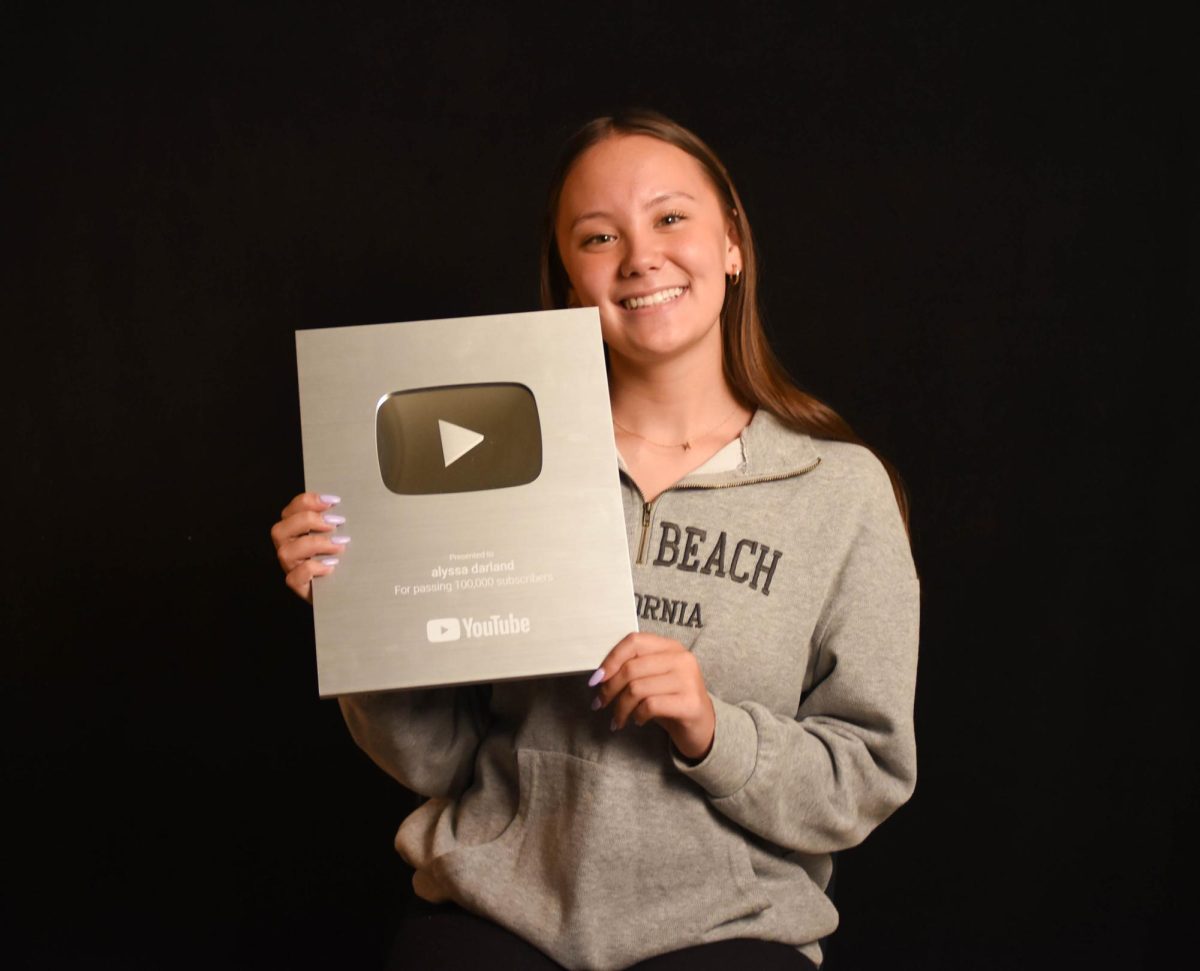 Proudly+holding+her+YouTube+play+button%2C+junior+Alyssa+Darland+displays+the+physical+symbol+of+all+her+hard+work.+Darland+recieved+her+play+button+in+2022+for+surpassing+100%2C000+subscribers.