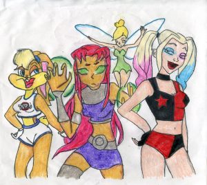 This drawing depicts Lola Bunny, Starfire, Tinkerbell, and Harley Quinn, commonly over-sexualized characters in popular culture. Children's entertainment characters are often turned into revealing costumes for Halloween, leading kids to support the immoral actions of halloween costume companies.